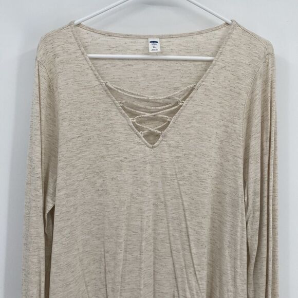 Old Navy Relaxed Lace-Up-Yoke Sparkle-Knit Top for Women Oatmeal Heather XL - Picture 2 of 7